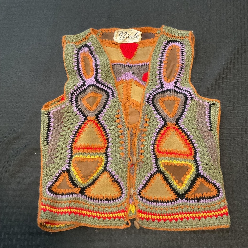 Vintage Nicole Sweater Vest Womens Small Crochet Suede Patchwork Boho Hippie 70s